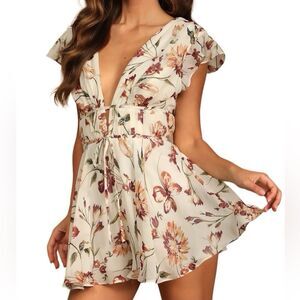 Lulus Flirty Ways Cream Floral Print Flutter Sleeve Romper